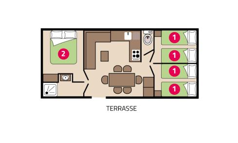 Plan mobil-home Famille Clim camping La Mignardière