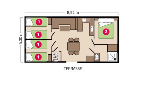 Plan mobil-home Famille Éco camping Les Peupliers